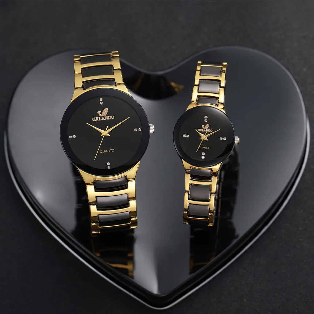 1/2PCS Fashion Couple's Watches Luxury Women Quartz Watch Men Business Watches Black Steel Band Male Analog Quartz Watch