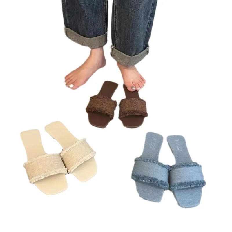 Women's Slippers Solid Color Open-toe Set Foot Vacation Beach Flat Sandals Casual Flip Flops Summer Indoor Women Slides Shoes