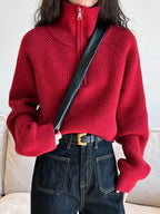 Autumn Winter  Zipper Sweaters Women Solid Color High Neck Knitted Pullover Solid Red Loose Turndown Collar Women's Turtleneck
