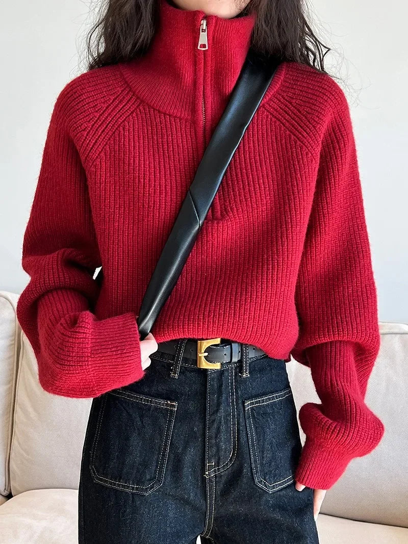 Autumn Winter  Zipper Sweaters Women Solid Color High Neck Knitted Pullover Solid Red Loose Turndown Collar Women's Turtleneck