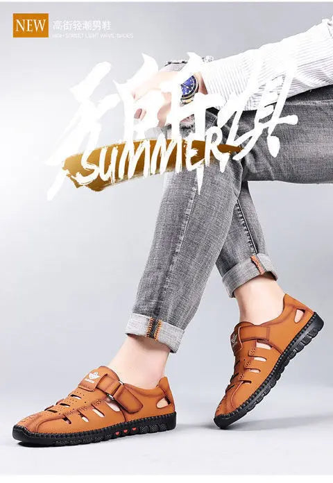 Men Sandals Leather 2024 Summer Breathable Casual Shoes for Man Slip on Clogs Outdoor Walking Shoes Non Slip Hand Made Sandalias