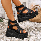 Women Sandals Summer Fashion Leather Platform Female Sandals Gladiator High Heels Sandals Women Chunky Outdoor Wedges Woman Shoe
