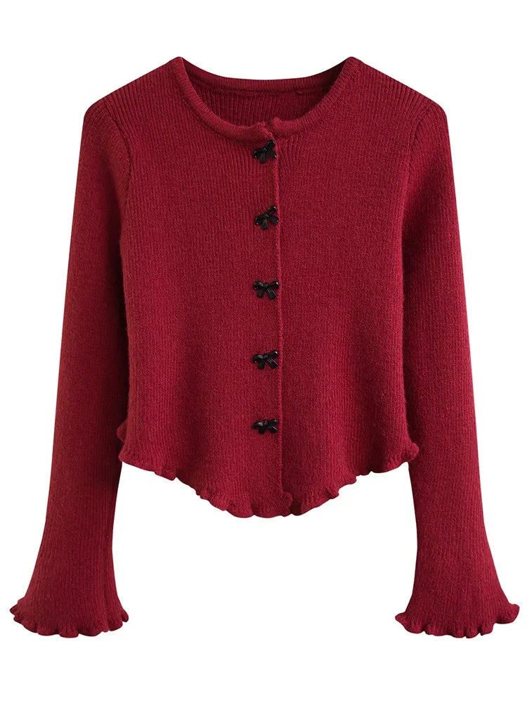 Women's V Neck Button Knit Tops Ruched Long Sleeve Cropped Cardigan Lady Autumn Winter Knitted Single-breasted Cardigan Sweaters