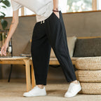 New Cotton Linen Mens Pants Casual Solid Color Breathable Streetwear Loose Straight Drawstring Baggy Lightweight Sport Pants