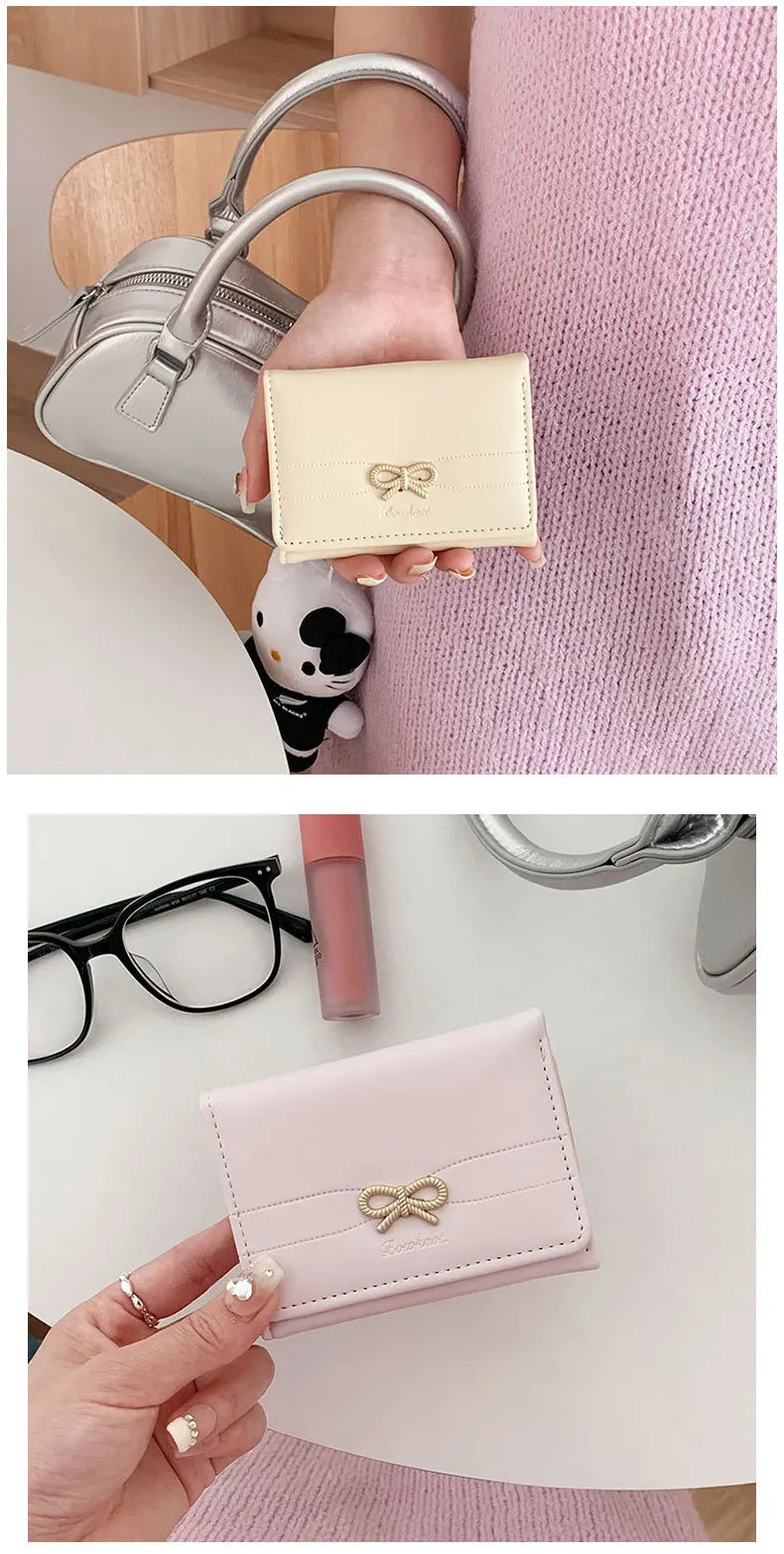 Fashion Wallets Girls Cute Bow Small Wallet Aesthetic Card Holder Classic Three Fold Purse For Women Student Simple Coin Pouch
