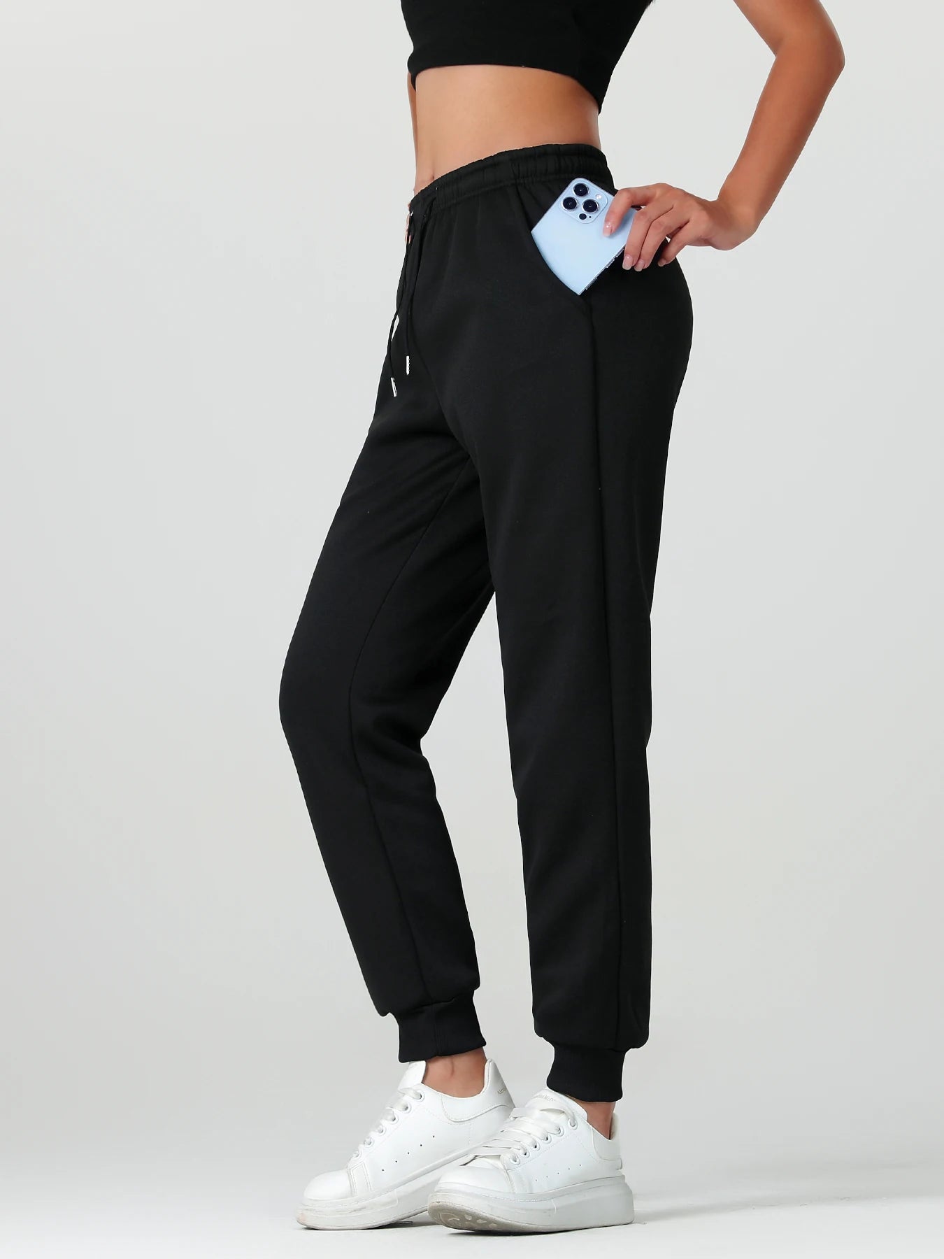 One pair of women's long pants for autumn and winter, thickened with fleece, warm solid color casual sportswear, with pockets