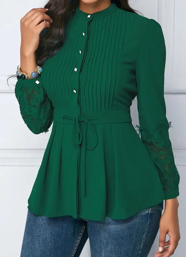 Women's Elegant Lace Blouses European & American Single-Breasted Open-Neck Stitching Fashion Chiffon Office Shirt Top for Women