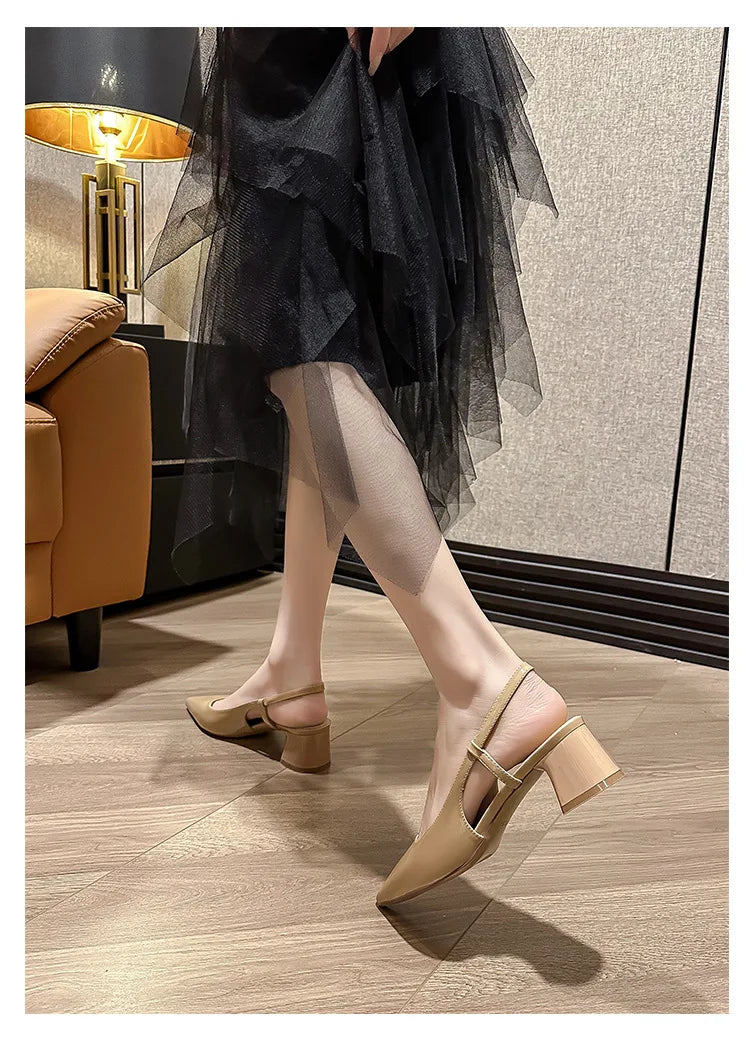 2025 New Medium Heel Woman 4cm Sandals Shallow Mouth Glossy Closed Toe Sandals One Word Buckle Temperament Summer Outdoor Shoes