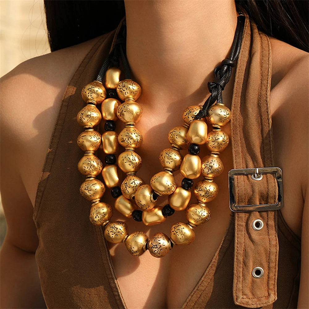 3 Layer Golden Silvery CCB Material Irregular Ball Beaded Necklace European American Fashion Collar Necklaces New Female Jewelry