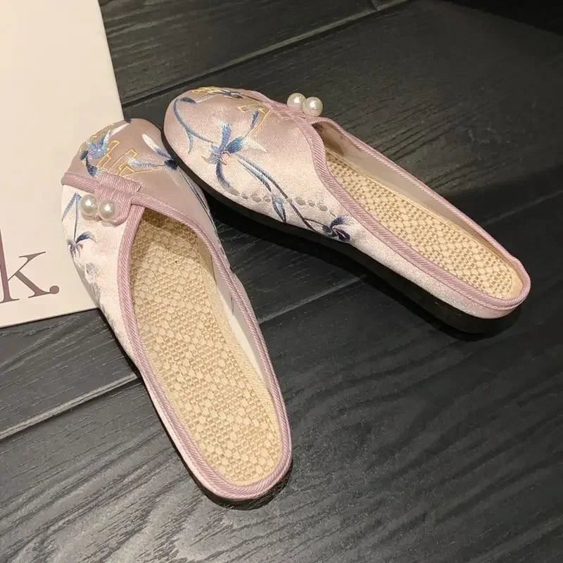 Woman Slippers Spring Autumn Soft Sole Baotou Flats Embroider Home Slippers Casual Shoes for Women Ethnic Style Outdoor Slippers