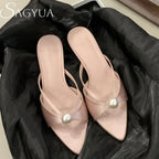 High Heels Slippers Women Bead Pointed Toe Sandals Shoes Summer 2025 Trend Sexy Open Toe Woman Brand Designer Sandalias Pumps