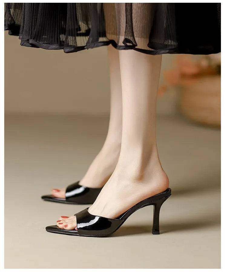 Women's Slippers 2025 New Summer Slim Heel Pointed Toe Worn with A Straight Drag Patent Leather High-heeled Slippers for Womens
