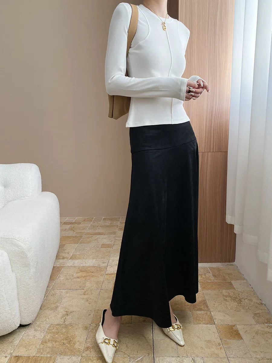 Women's casual stitching slim fit shoulder slimming base long sleeved T-shirt