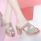 Woman Slippers Sexy Shoes for Women Job Leather Sandals Heeled Slides Black Summer 2024 on Sale Offer Comfortable and Elegan 39