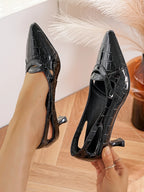 Elegant High Heels for Women, Spring and Summer New French Shallow Leather Mules, Cool and Breathable Hollow Design, Plaid Pattern Upper Kitten Heels, Versatile Dresses, Weddings, Parties, Date, Valentine's Day