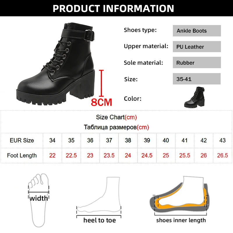 Women's High Heels Ankle Boots for 2023 Black PU Leather Platform Short Boots Woman Side Zipper Thick Heeled Punk Botas De Mujer