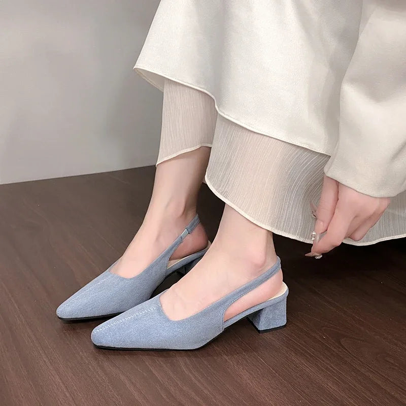 Women's summer sandals, fashionable suede design, sexy pointed-toe women's formal shoes, comfortable square-heeled women's shoes