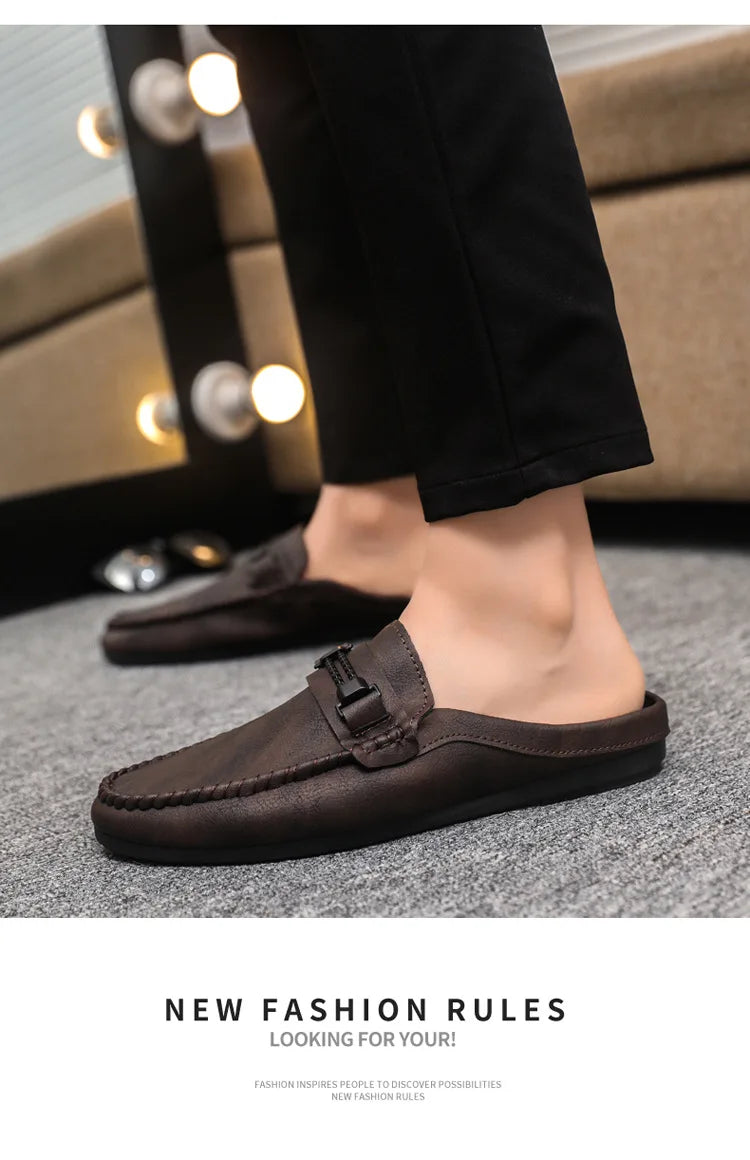 Men Half Slippers 2025 Summer Breathable Mens Casual Shoes Comfortable Walking Loafers Moccasins PU Leather Men Fashion Slippers