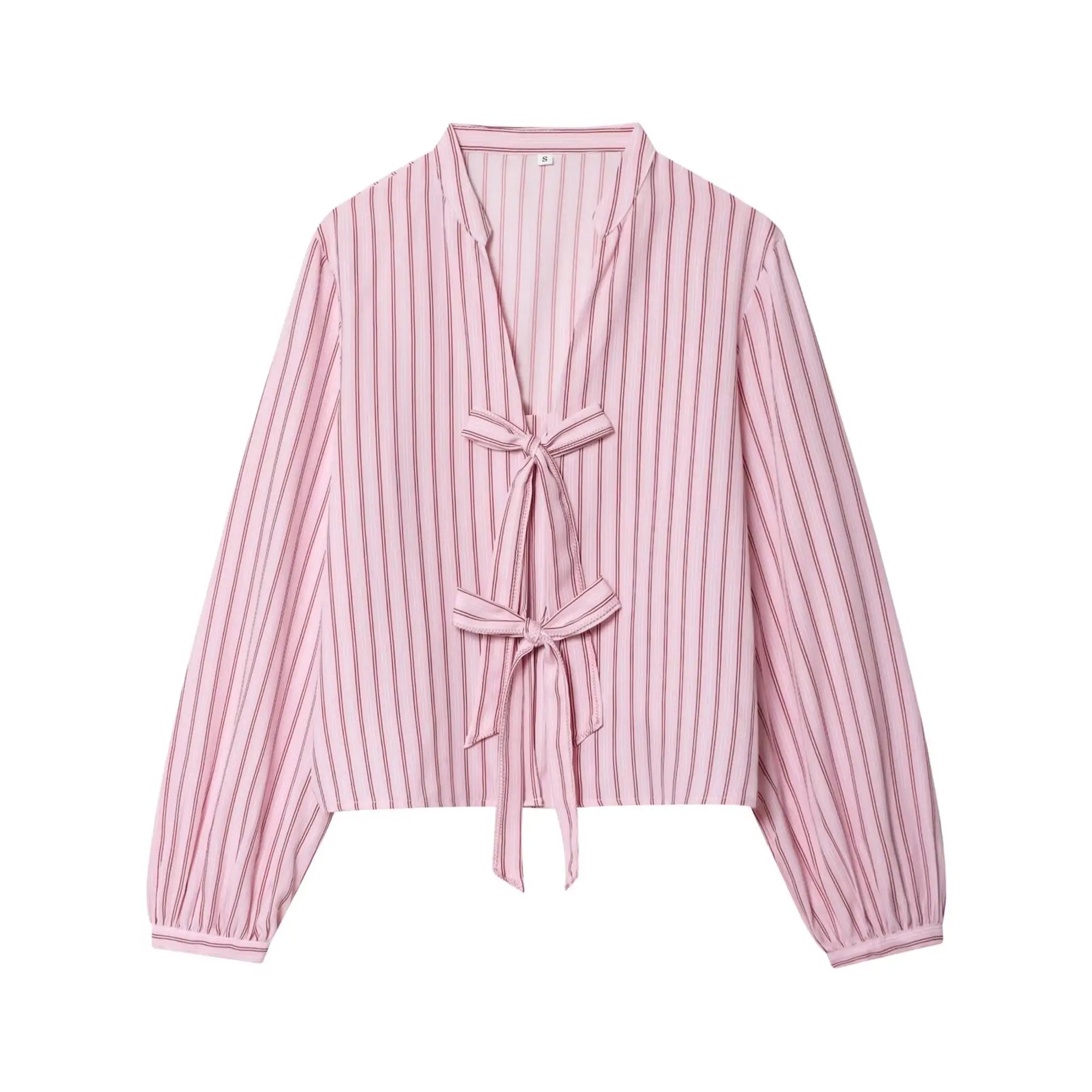 Women Striped Printed Lace-Up Shirt With Bow New Puff Long Sleeves V-Neck Hollow Out Blouses Sweet Ladies Fashion Tops