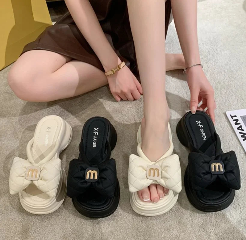 Women Slippers 2025 Summer Casual Shoes Versatile Thick Sole Women flip flop Outwear Bow Beach Slippers Sexy Slides tongs femme
