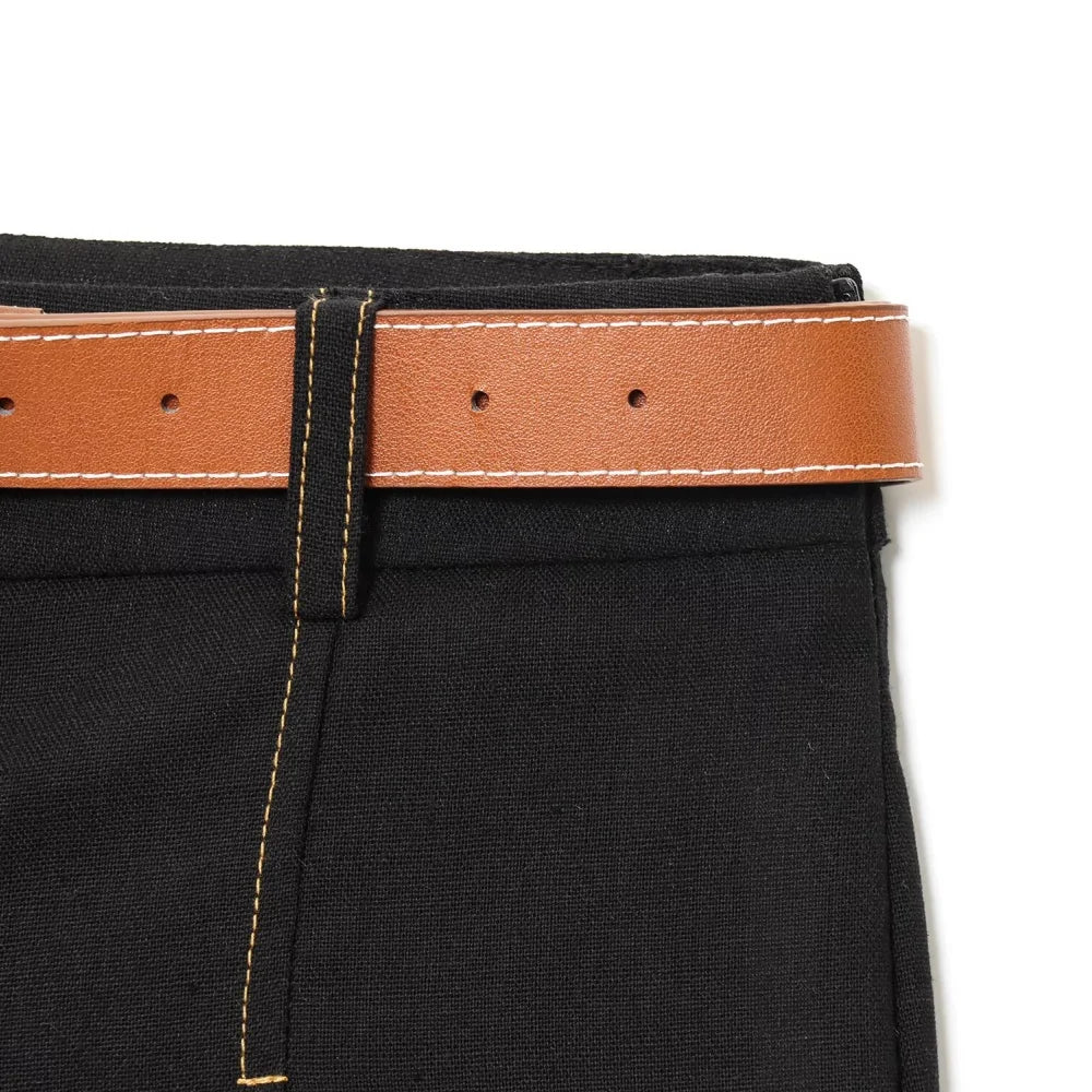 Women's Color Contrasting Stitch Collar Single breasted Straight Tank Top Long Fold Belt Bermuda Shorts Summer New Pants