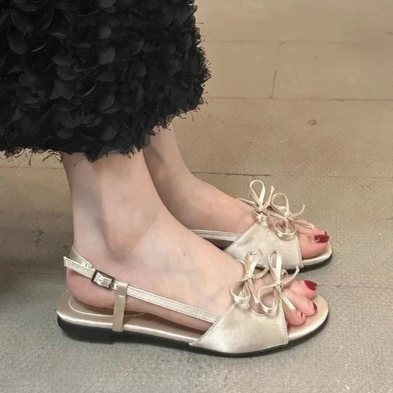 Flats Women Sandals Bow Designer Shoes Woman Slippers Summer 2025 New Casual  Walking Slides Fashion Dress Sandalias De Mujer