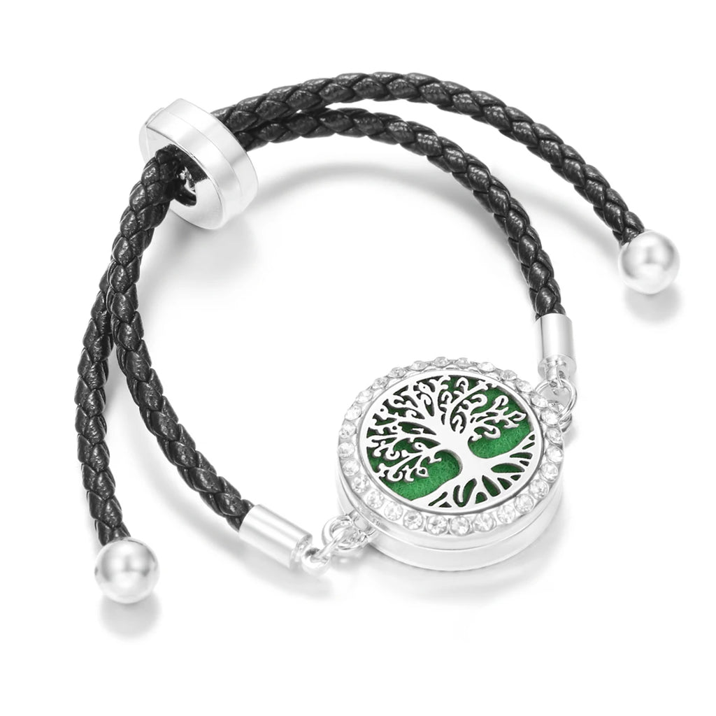 Aromatherapy Diffuser Flowers Rose Women Leather Perfume Bangle Essential Oil Locket Spiral Open Rhinestones Bracelet Jewelry