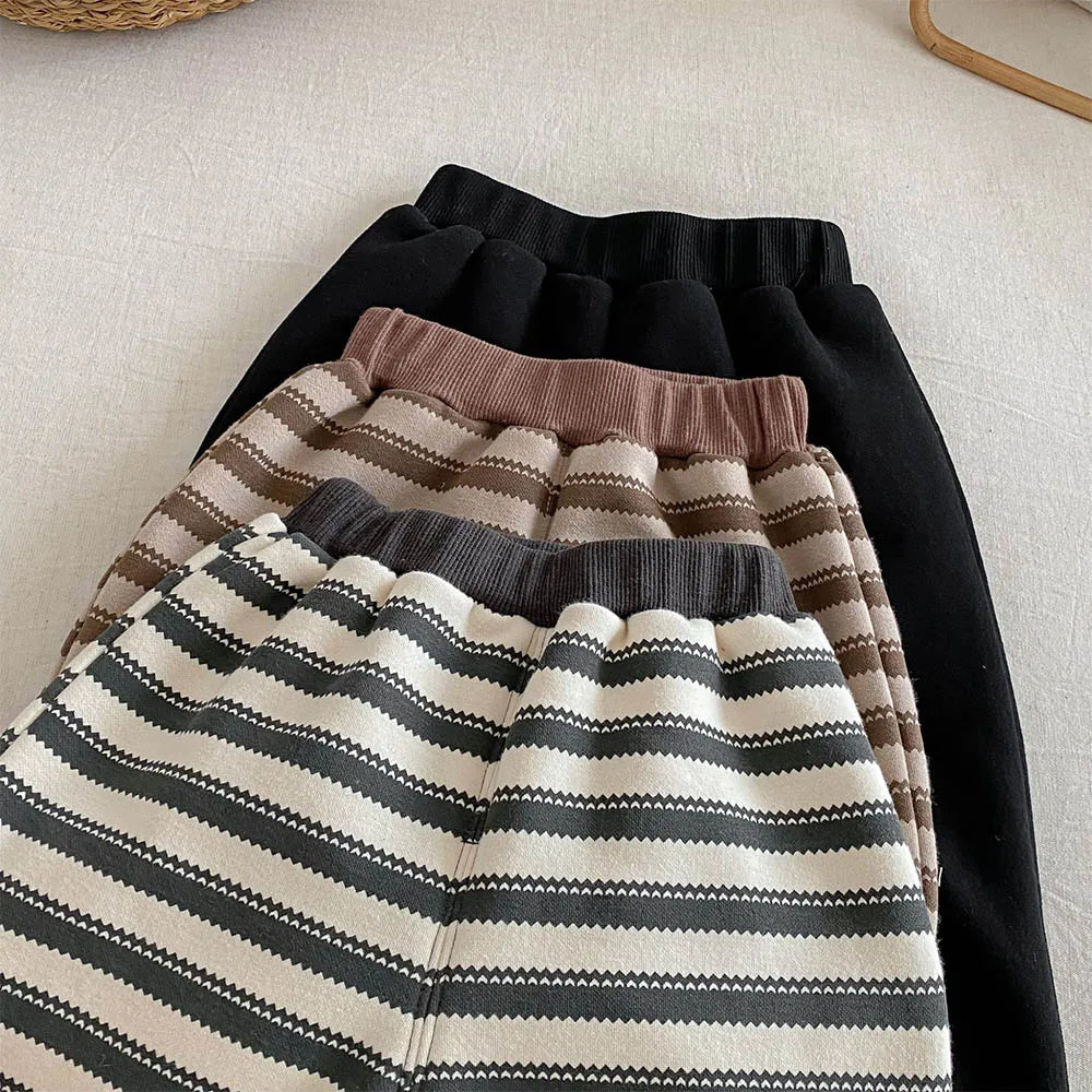 Pants For Boys Kids Winter Fleece Thicken Warm Children Clothing Striped Casual Loose Toddler Trousers