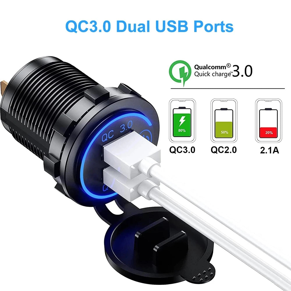 Quick Charge 3.0 Dual USB Fast Car Charger Socket Accessories Waterproof 12V/24V QC3.0 Power Outlet with Touch Switch&Led Light