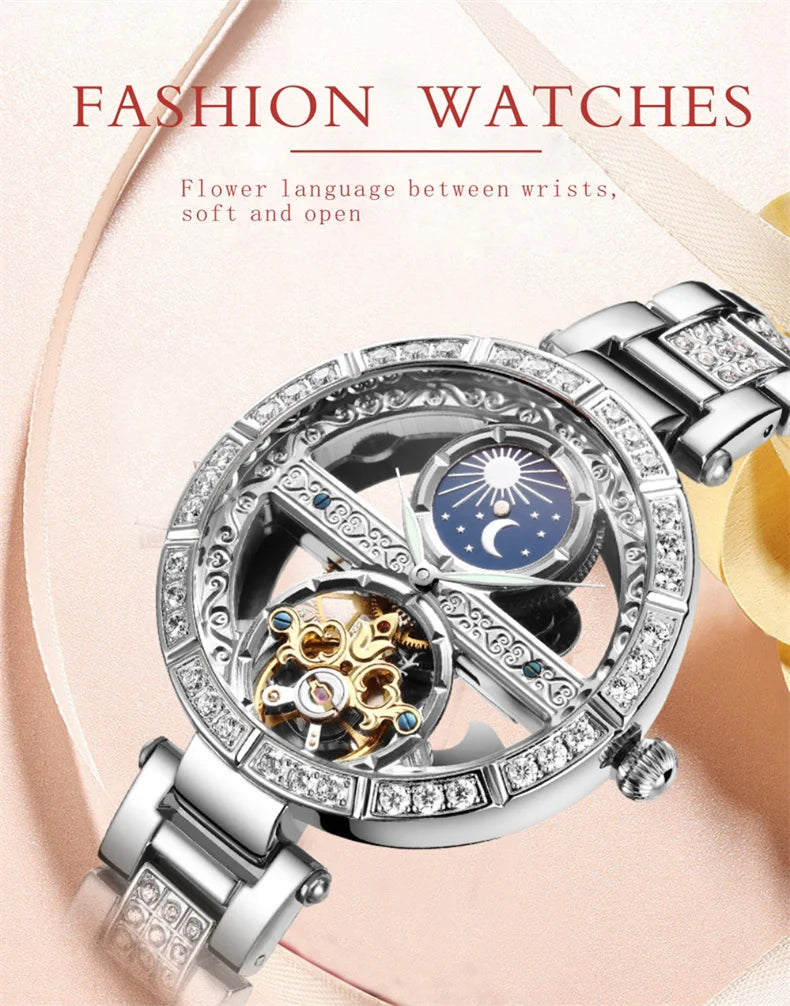 Women Automatic Mechanical Watch Top Brand Luxury Leather Waterproof Watches Ladies Skeleton Tourbillon Clock reloj mujer New