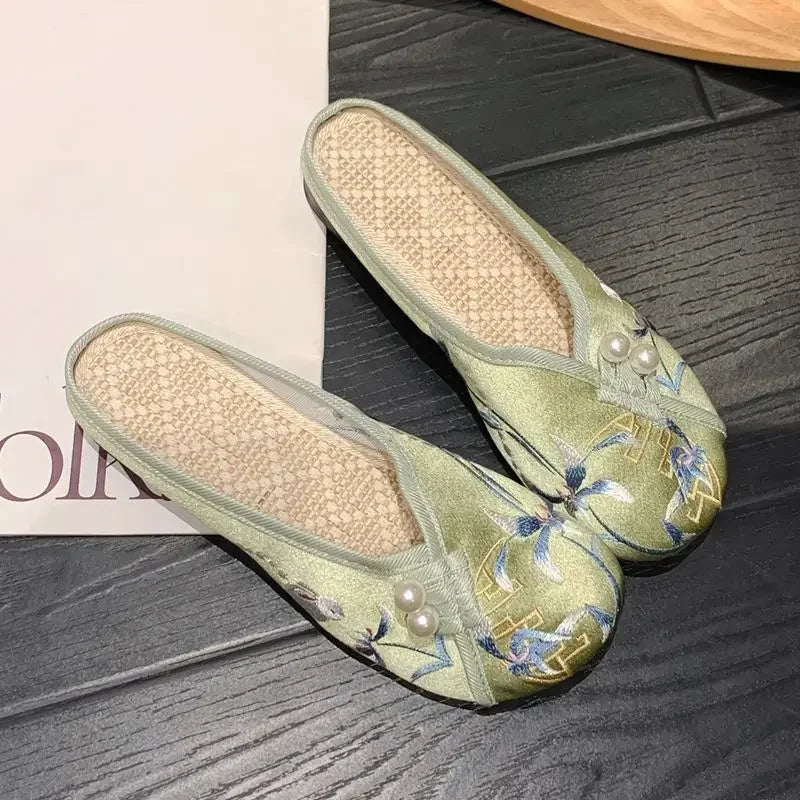 Woman Slippers Spring Autumn Soft Sole Baotou Flats Embroider Home Slippers Casual Shoes for Women Ethnic Style Outdoor Slippers