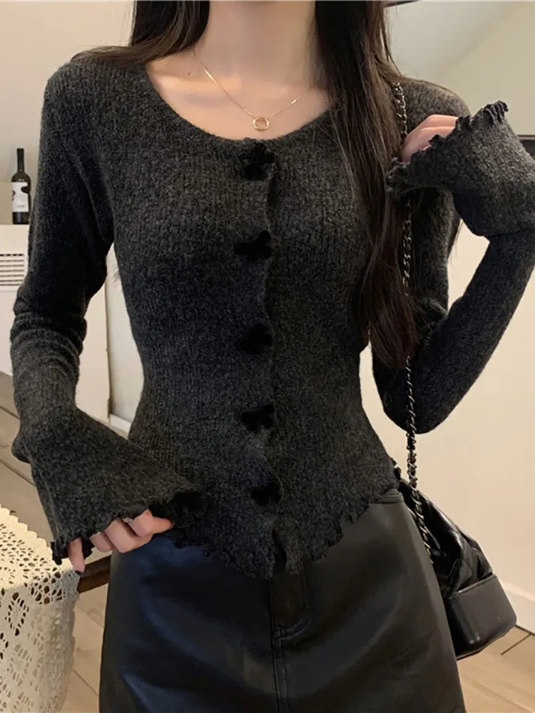 Women's V Neck Button Knit Tops Ruched Long Sleeve Cropped Cardigan Lady Autumn Winter Knitted Single-breasted Cardigan Sweaters