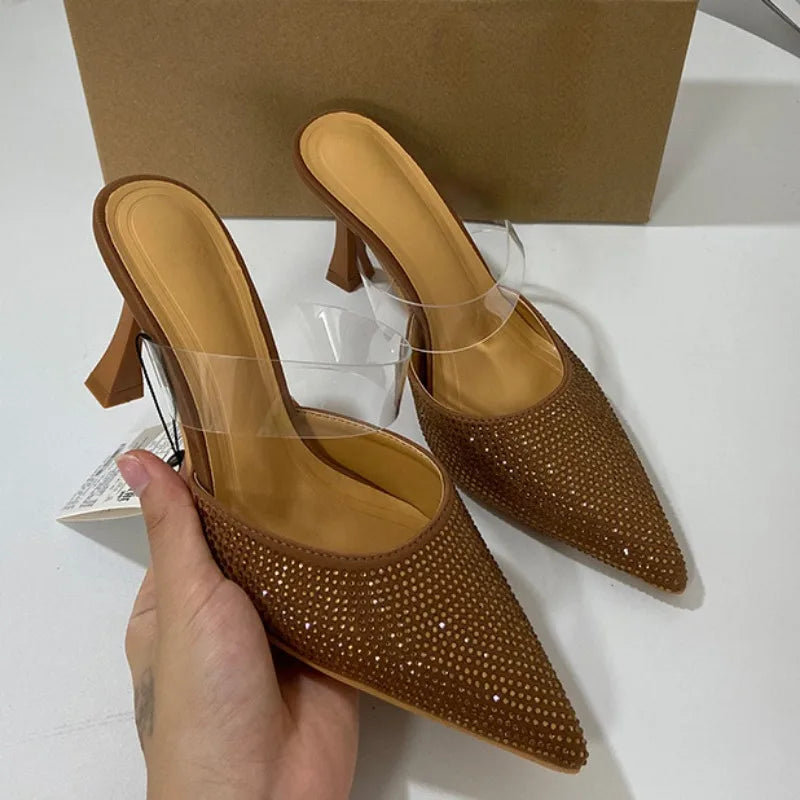 High Heels Mules Sandals Woman Sexy Summer Footwear 2025 Fashion PVC Transparent Pointed Bling Rhinestone Prom Party Shoes