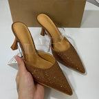 High Heels Mules Sandals Woman Sexy Summer Footwear 2025 Fashion PVC Transparent Pointed Bling Rhinestone Prom Party Shoes