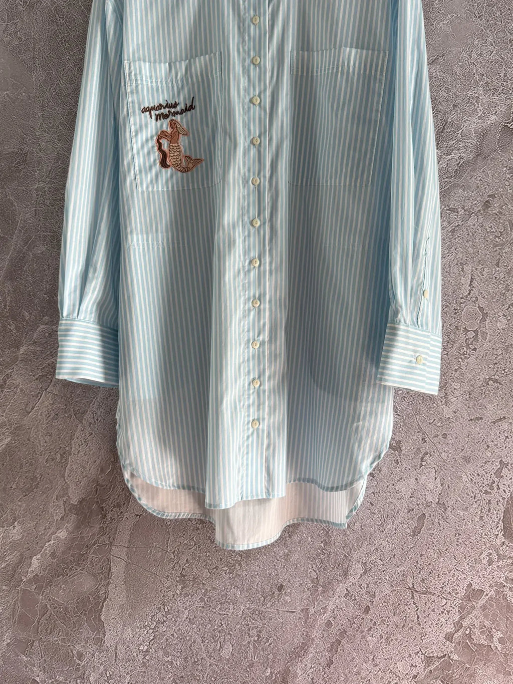 Women Blue and White Striped Cartoon Embroidery Casual Loose Cotton Shirt Top