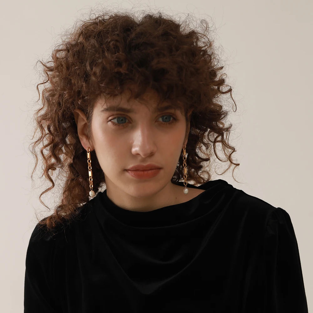 Yhpup Long Hanging Stainless Steel Chain Natural Pearl Drop Earrings Dangle Fashion Party Geometric Charm Temperament Jewelry