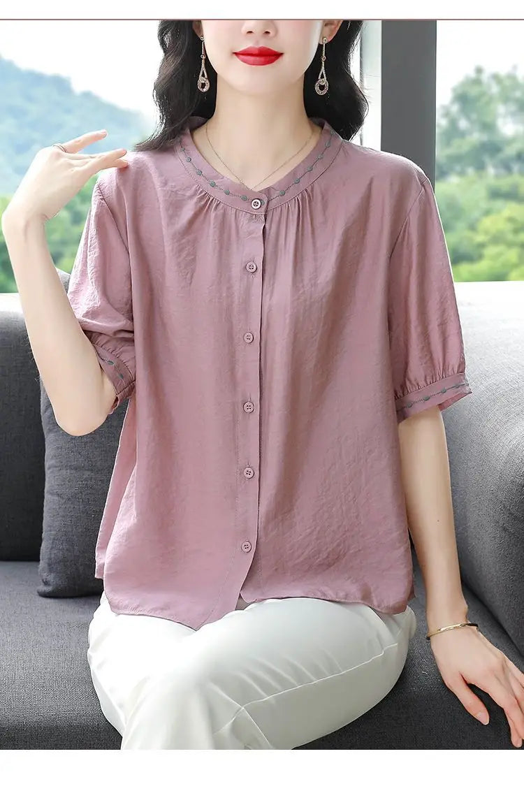 Embroidered Blouse Women Short Sleeve Summer Loose Slimming Top