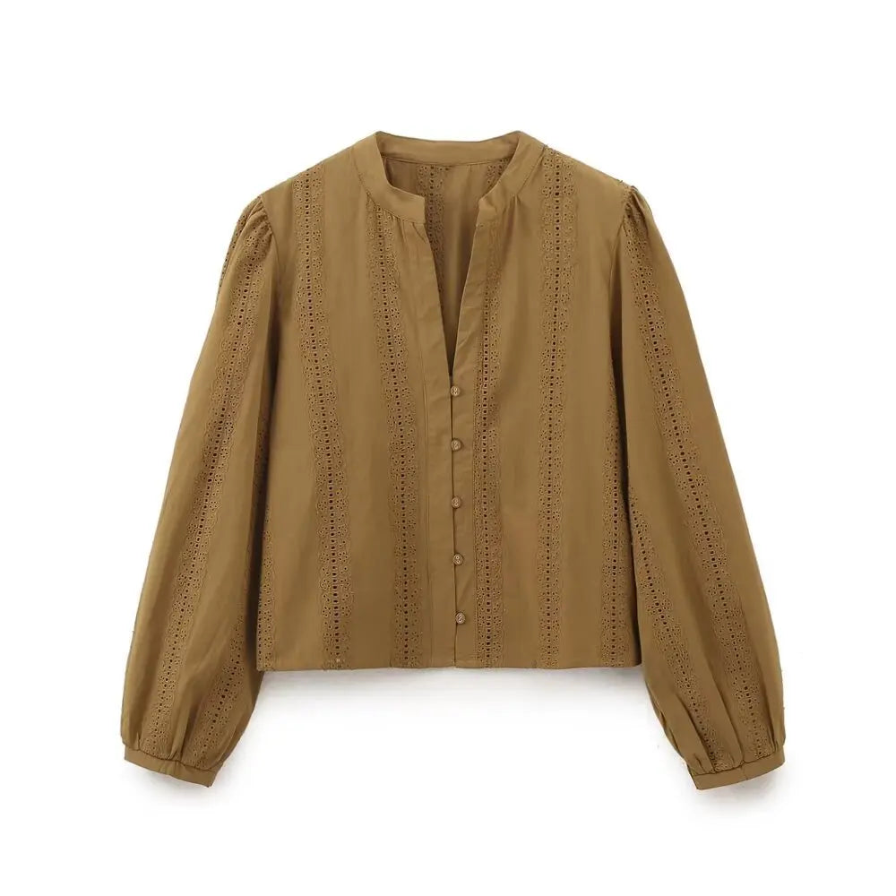 Women's Openwork Embroidered Cropped Shirt Simple V-neck Long-sleeved Single-breasted Casual Blouse Spring Summer Chic Top