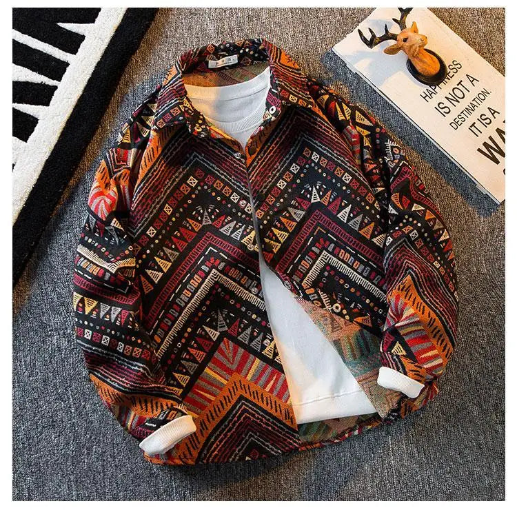 Men's high-density woven shirt men's high-end retro ethnic style long sleeved shirt trendy clothing jacket men clothing shirt