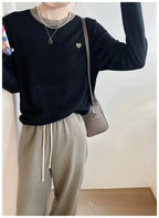 Women's Pullover Autumn/Winter 100% Wool Sweater Stitching Casual Knit Sweater Round Neck Tops Ladies Clothes Embroidery Blouse