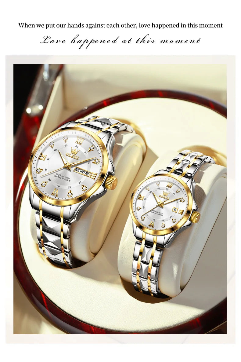 OLEVS 2906 Couple Watch Luxury Stainless Steel Waterproof Clock Fashion Roman Scale Diamond Calendar Dial Men Women Quartz Watch