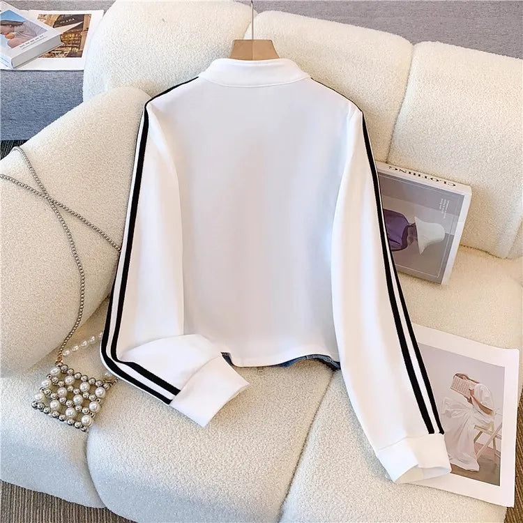 Pant Set Women Two Piece Sets Denim Splice Zipper Matching Sets Casual Coats Wide Leg Long Pants Lace Up Elastic Waist 2025