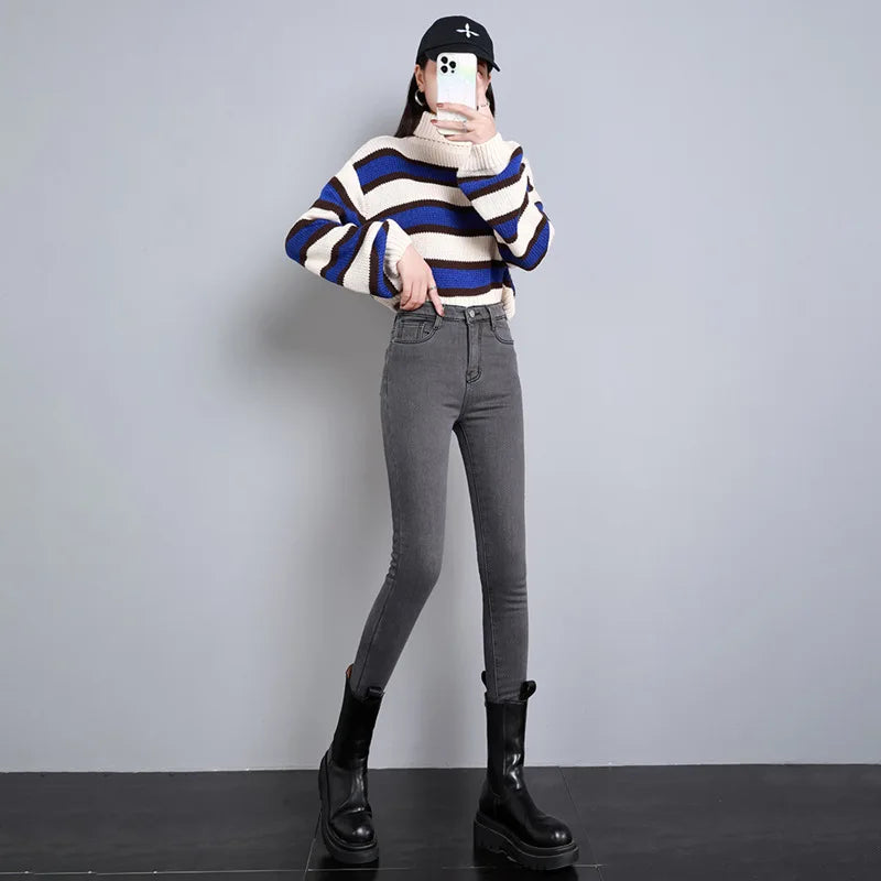 New Winter Women Snow Thermal Fleece Skinny Jeans Casual Lady Warm Velvet Thick Pencil Pants Female Basic Fleece Denim Trousers