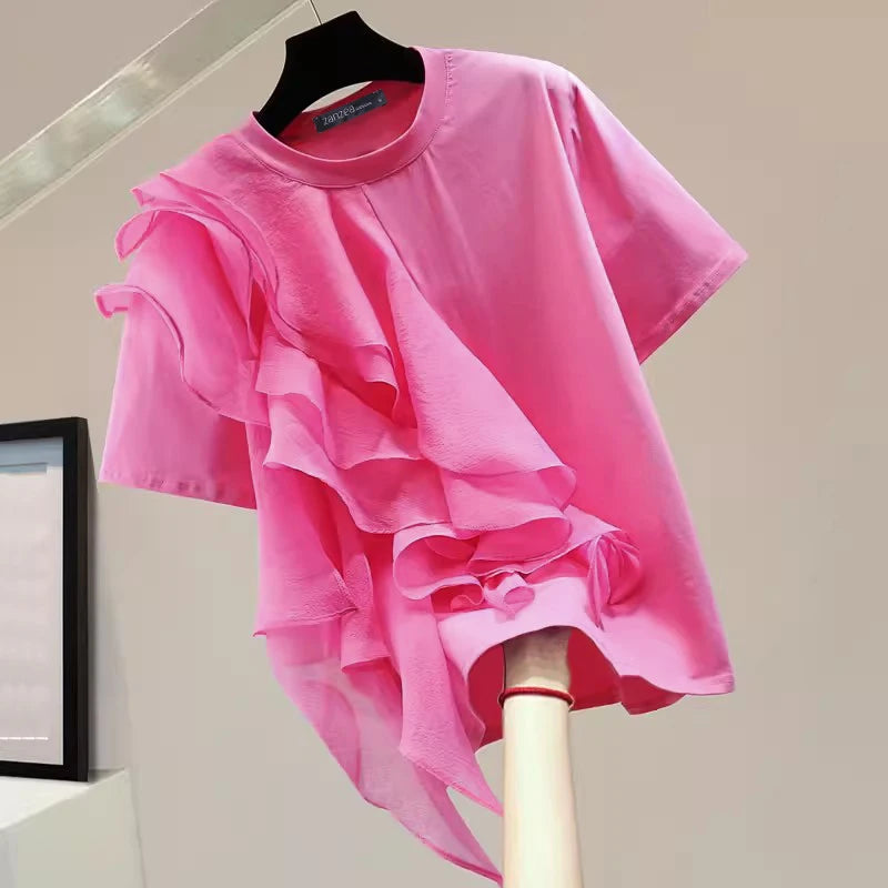 ZANZEA Women Ruffled Stitching Blouse Fashion Holiday O-neck Tops 2024 Summer Short Sleeve Tunics Casual Loose Solid Blusa Femme