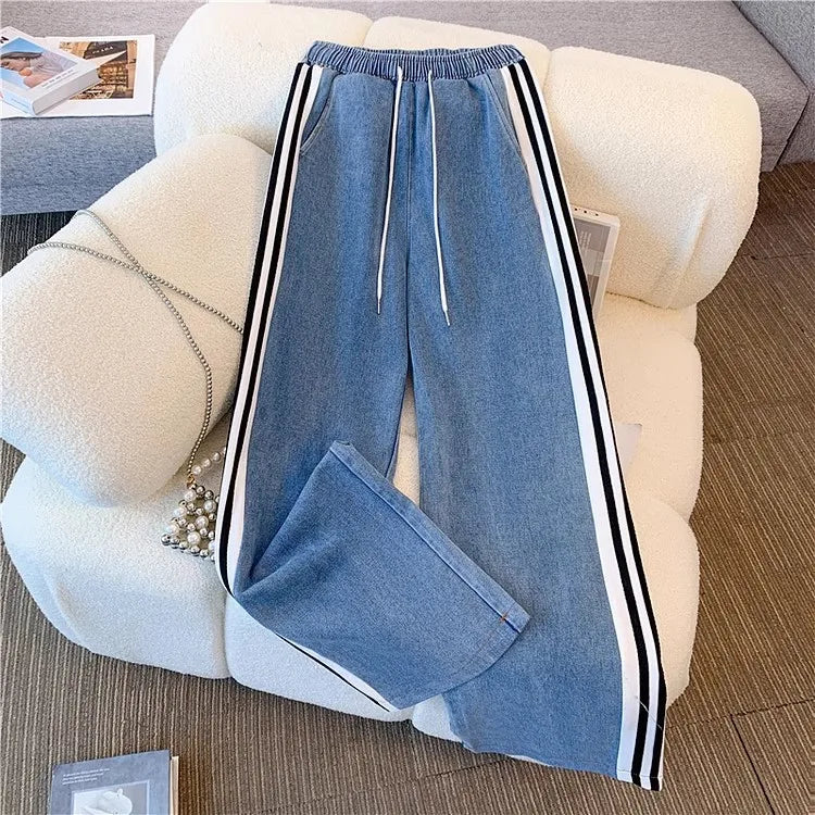 Pant Set Women Two Piece Sets Denim Splice Zipper Matching Sets Casual Coats Wide Leg Long Pants Lace Up Elastic Waist 2025