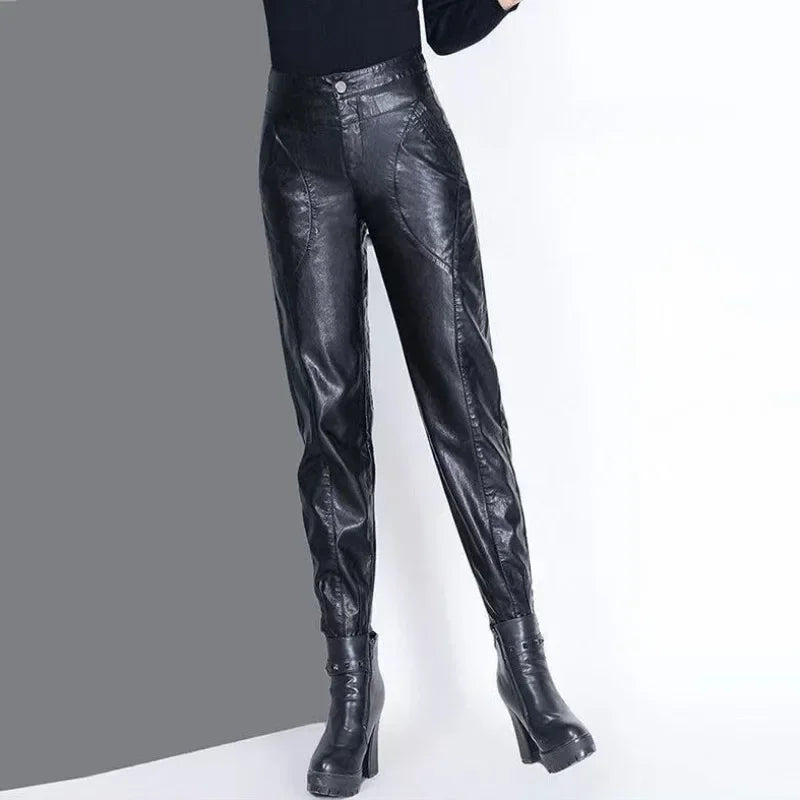 Pants for Women High Waist PU Leather Harem Woman Trousers Aesthetic One Size Classic Autumn Trends 2025 90s Outfits Clothing G