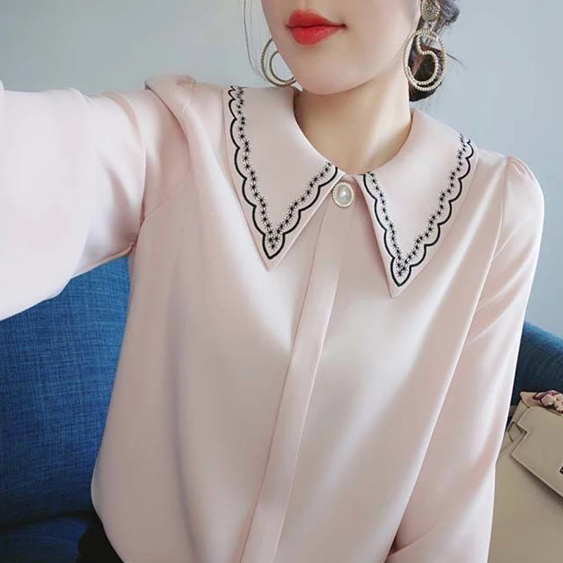 Women Embroidery Beaded Chic Luxury Design Shirts Spring Autumn Fashion Office Lady Blouse Solid Long Sleeve Tops Elegant Blusas