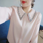 Women Embroidery Beaded Chic Luxury Design Shirts Spring Autumn Fashion Office Lady Blouse Solid Long Sleeve Tops Elegant Blusas