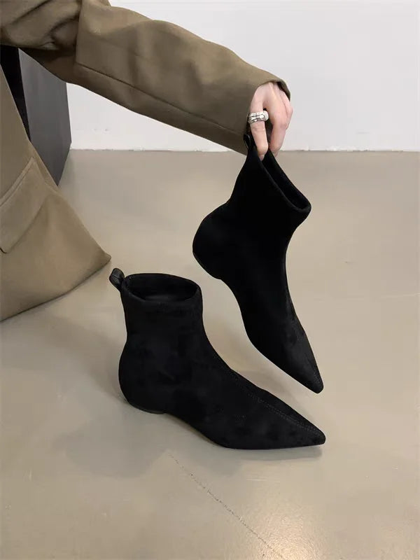 Women Flats Pointed Toe Boots Sexy Suede Ankle Boots Designer 2025 New Winter Shoes Chelsea Elegant Party Woman Fashion Botas