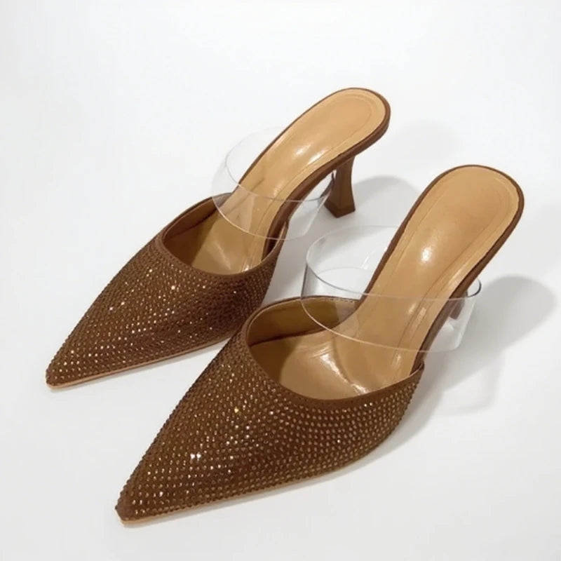 High Heels Mules Sandals Woman Sexy Summer Footwear 2025 Fashion PVC Transparent Pointed Bling Rhinestone Prom Party Shoes
